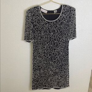 Vintage- Elegant Silk Black with Pearl Embroidered dress- Petite large